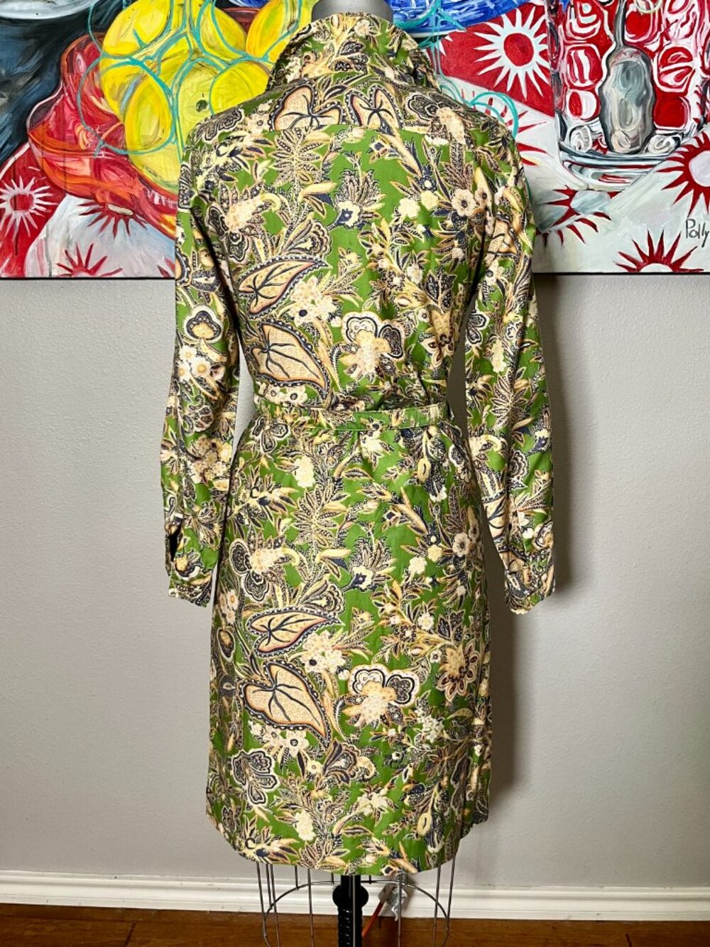 Lady Bayard Vintage Green Paisley Floral Belted Shirt Dress Midi 60s - Picture 5 of 8